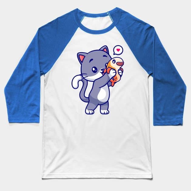 Cute Cat Holding Fish Cartoon Baseball T-Shirt by Catalyst Labs